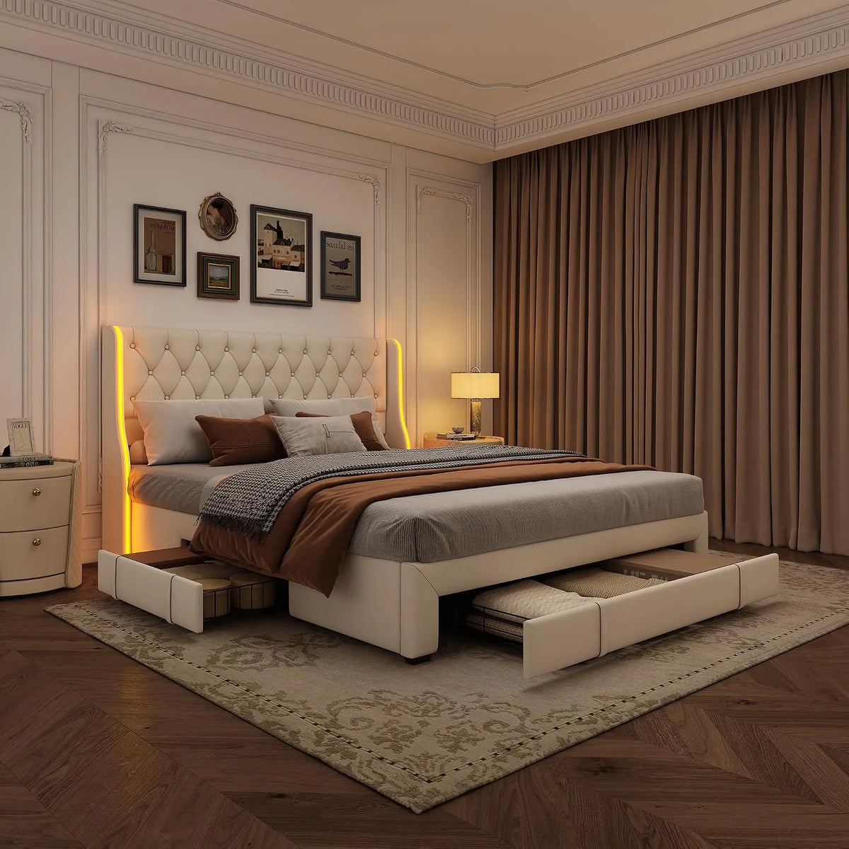 Lit Coffre 160x200 cm Capitonné avec Rangement — affichage LED, 160 × 200 cm, 01, 160 × 200 cm, beige, revêtement en velours