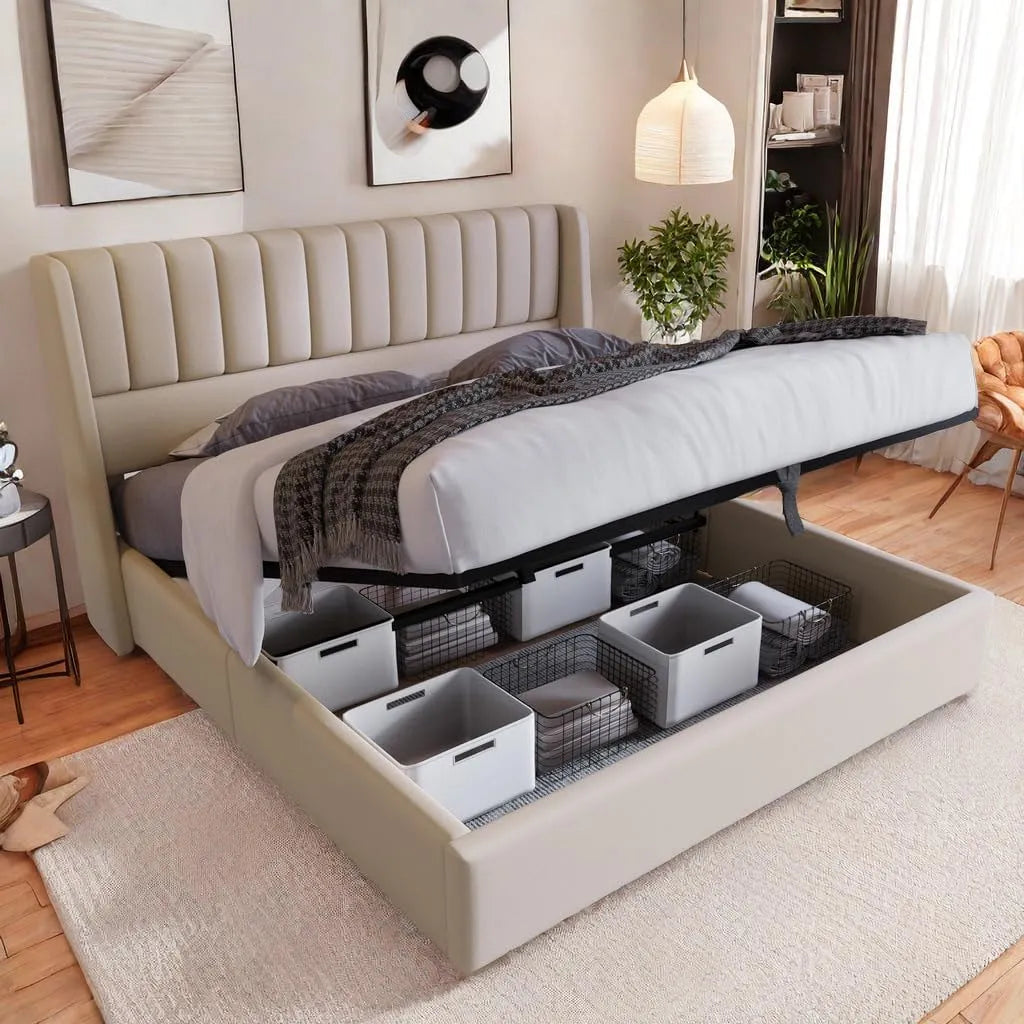 Coffre 180x200cm – avec rangement, 180 × 200cm, beige, revêtement en tissu