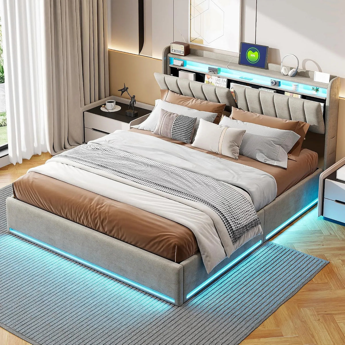 Lit tapissé avec éclairage LED et prise USB — revêtement en tissu, avec rangement, avec port USB, affichage LED, 140 × 200 cm, gris
