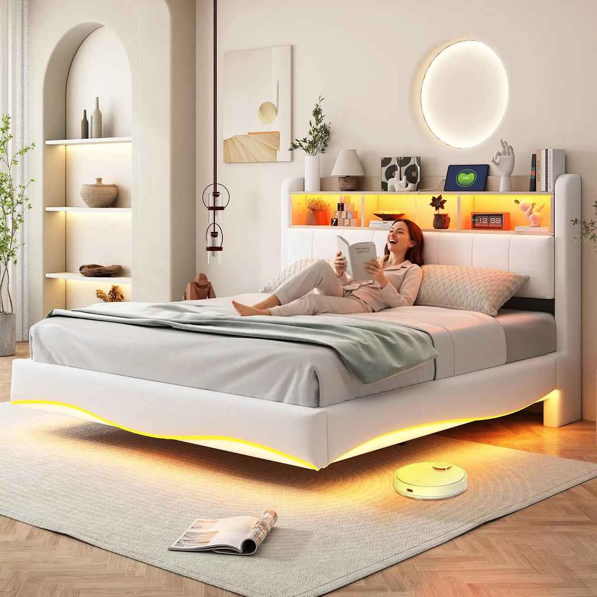 Lit rembourré et cadre de lit tapissé — revêtement en tissu, avec rangement, avec port USB, affichage LED, 160 × 200 Cm, 160 × 200cm, beige