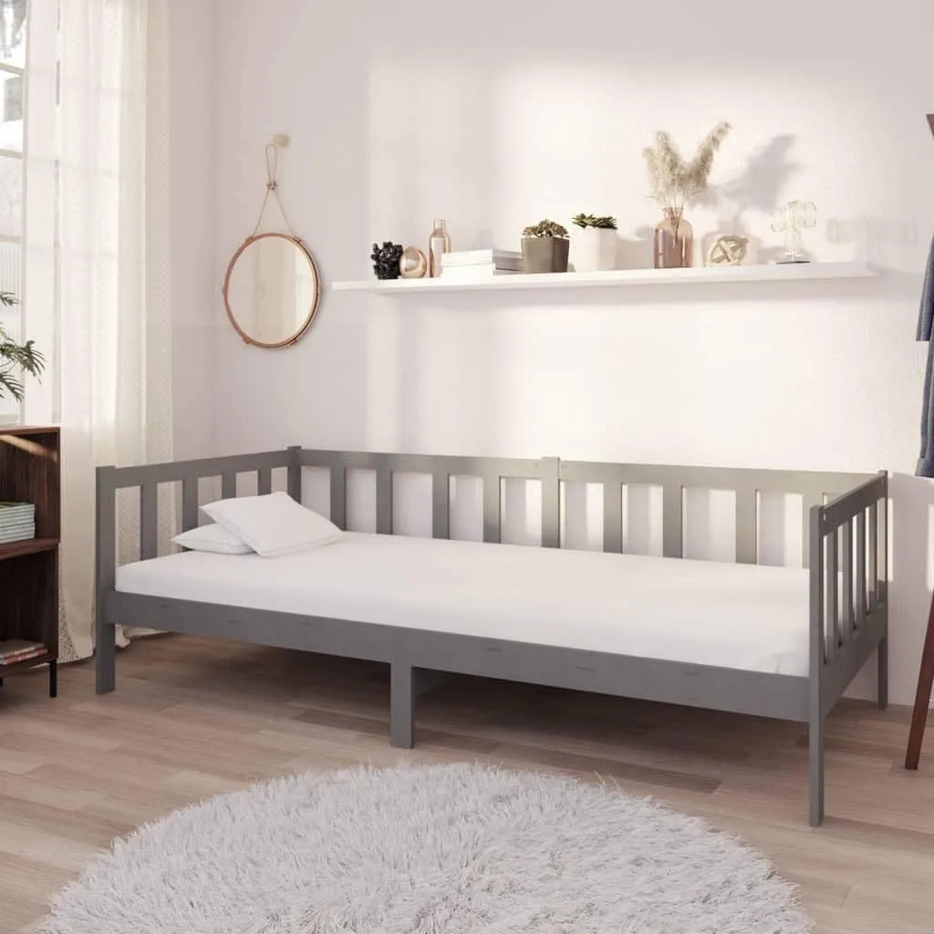 Cadre de lit et structure de lit en pin massif – 90 × 200 cm, gris, revêtement en tissu