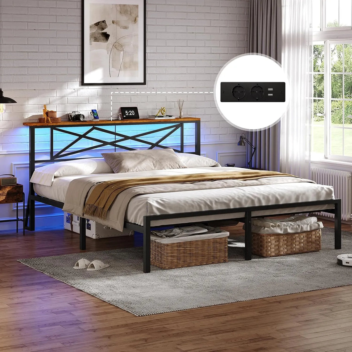 LED Lit 180x200cm avec tête LED et 2 Ports USB: en métal, avec rangement, avec port USB, affichage LED, 180 × 200cm, 32cm, noir