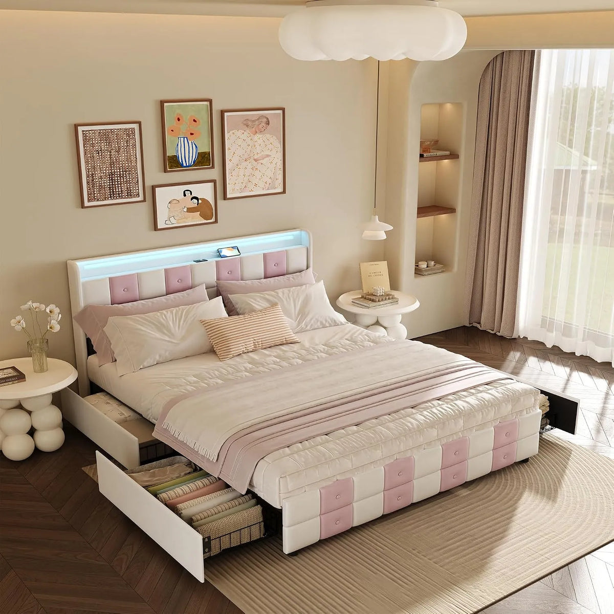 Lit rembourré et cadre de lit tapissé — avec rangement, avec tiroirs, avec port USB, affichage LED, 4 tiroirs, 140 × 200, blanc, revêtement en velours