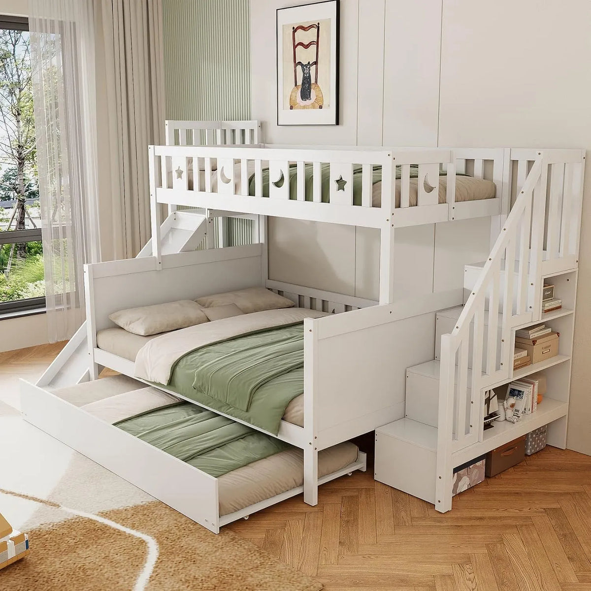 Lit superposé et lit mezzanine: pour enfant, avec rangement, avec étagères, avec escalier, 3 Places, 140 × 200cm, blanc