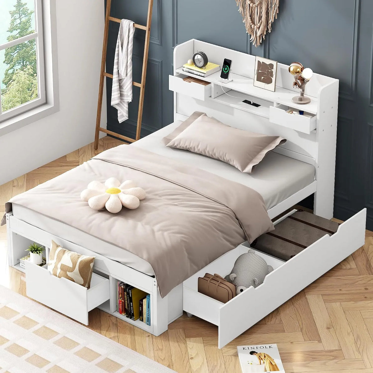Lit Coffre 90 x 190 avec tiroirs USB et Espace – avec rangement, avec port USB, 90 × 190, blanc