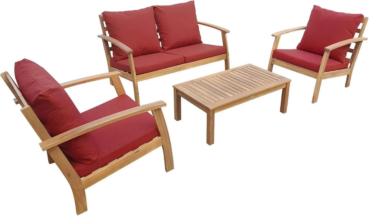Salon de jardin et ensemble lounge — en bois, avec coussins, 4 Places