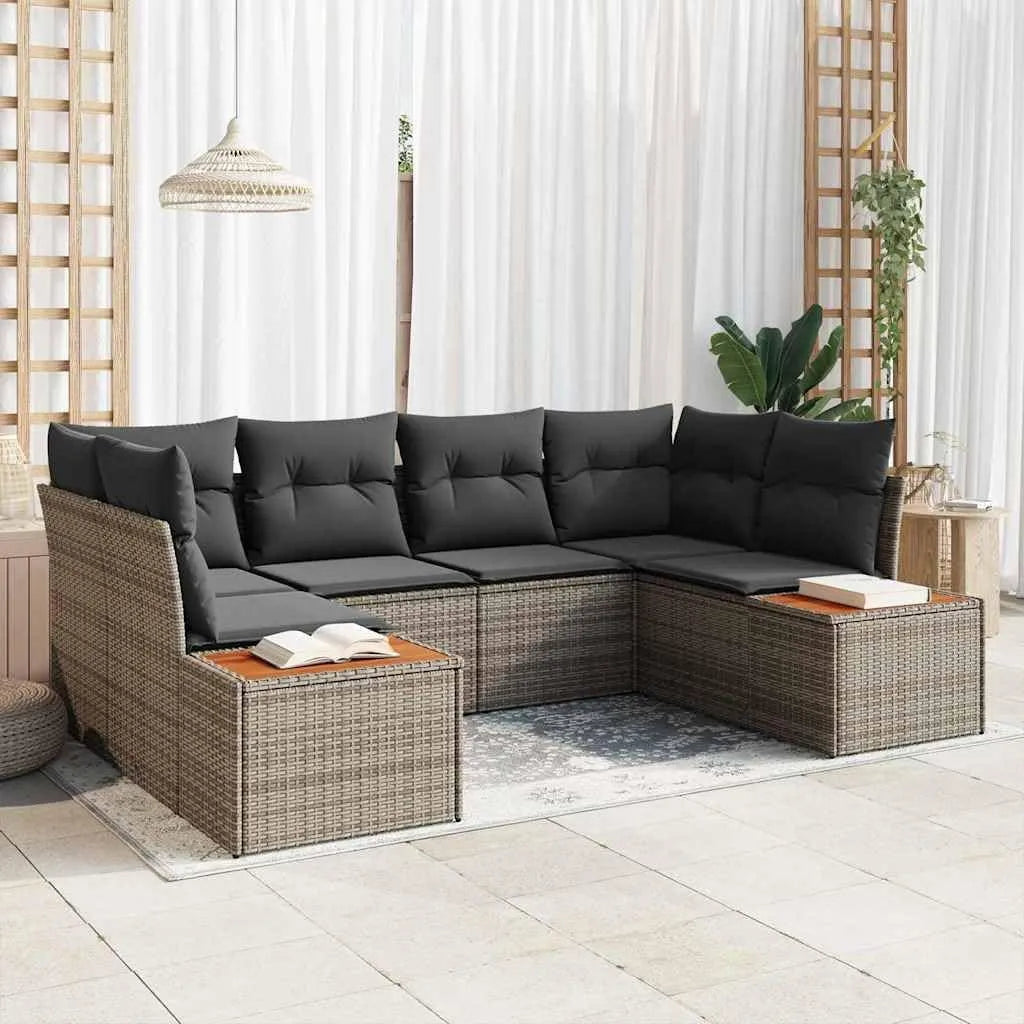 Canapé de jardin et sofa lounge extérieur: protection UV, en bois, avec rangement, avec coussins, 6 Pièces, gris, en résine tressée
