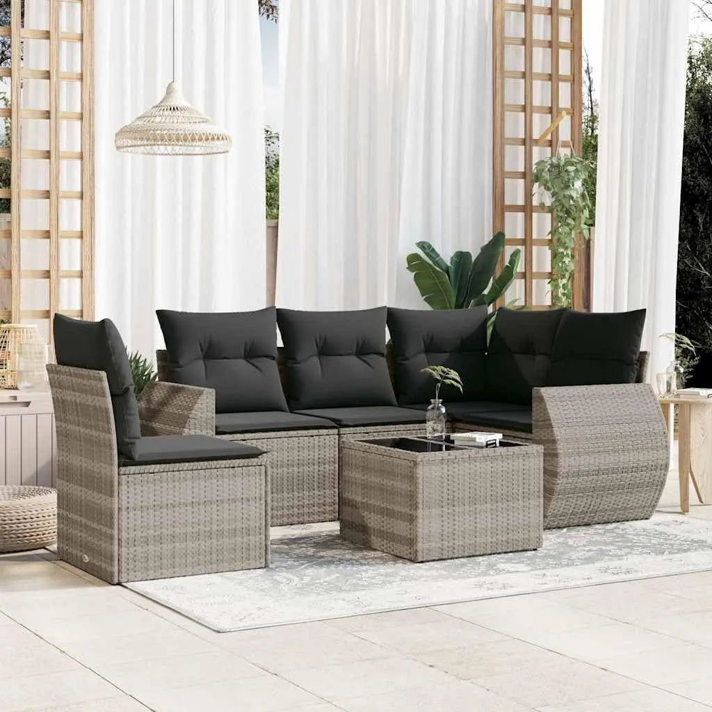 Canapé de jardin et sofa lounge extérieur — avec coussins, 6 pièces, gris, en résine tressée