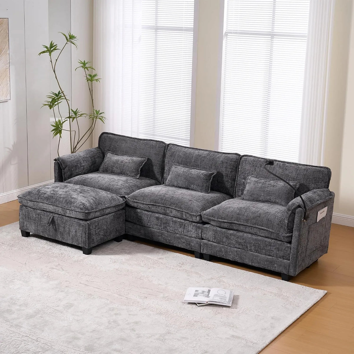 Canapé d'angle et canapé panoramique – en chenille, avec rangement, avec port USB, format portable, 3 Places, gris