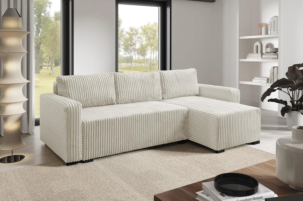 Canapé d'angle et canapé panoramique: en velours côtelé, avec rangement, convertible, 3 Places, 232 × 145 cm, 200 × 140 cm, avec rangement intégré