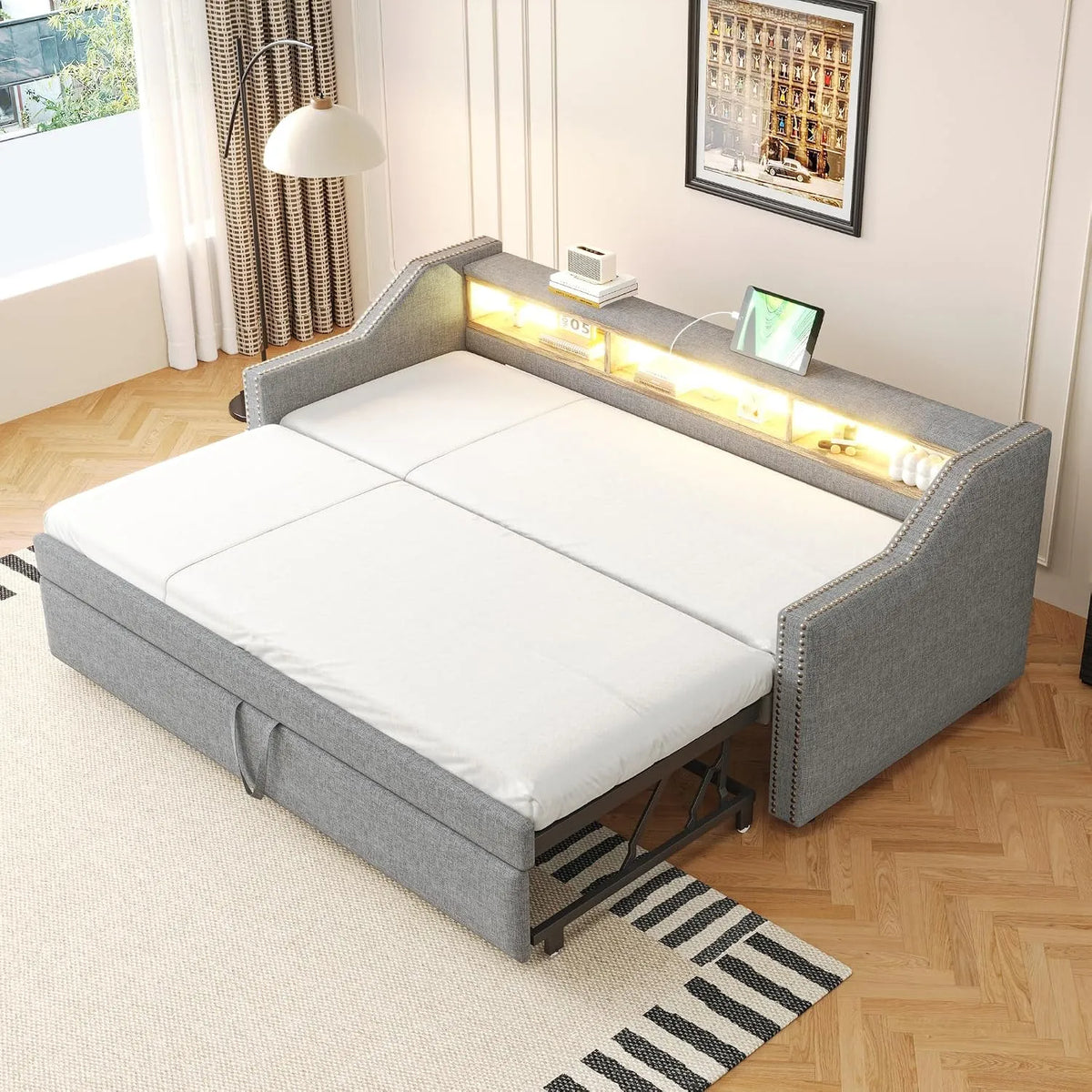 Lit rembourré et cadre de lit tapissé – avec rangement, avec port USB, 2 Places, 180 × 190 cm, gris, revêtement en tissu