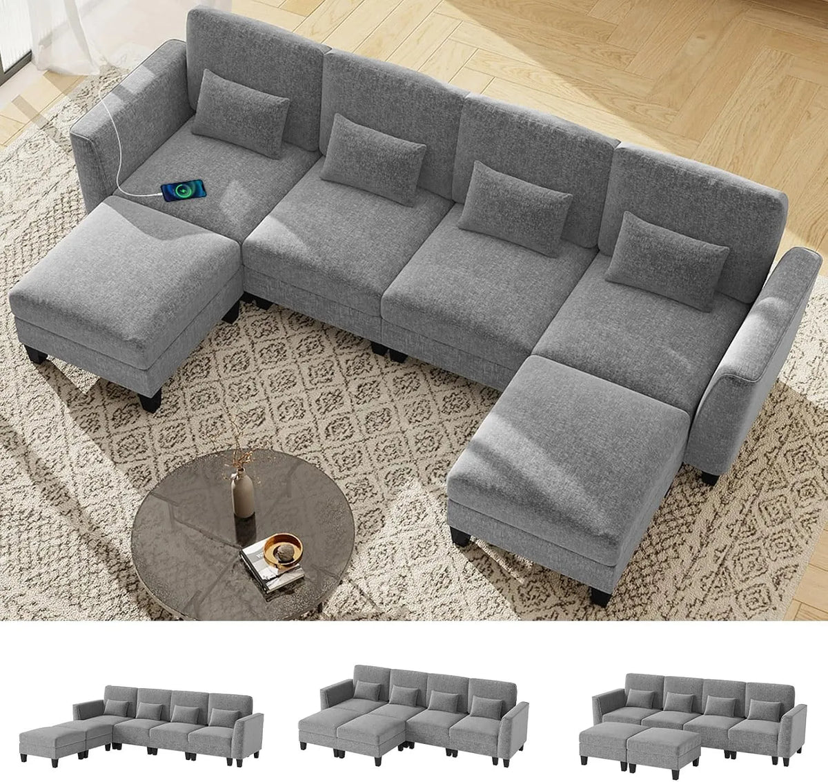 COSTWAY Canapé d'angle et canapé panoramique – modulaire, convertible, avec coussins, avec port USB, 4 Places, gris