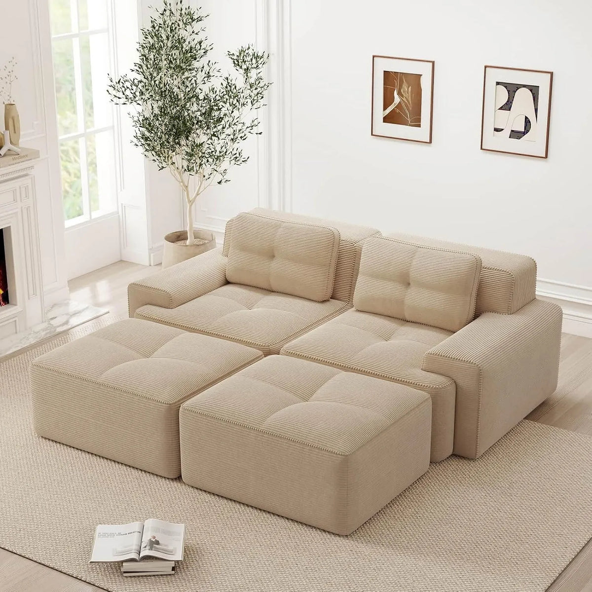Canapé modulaire – en velours côtelé, avec coussins, 2 Places, beige