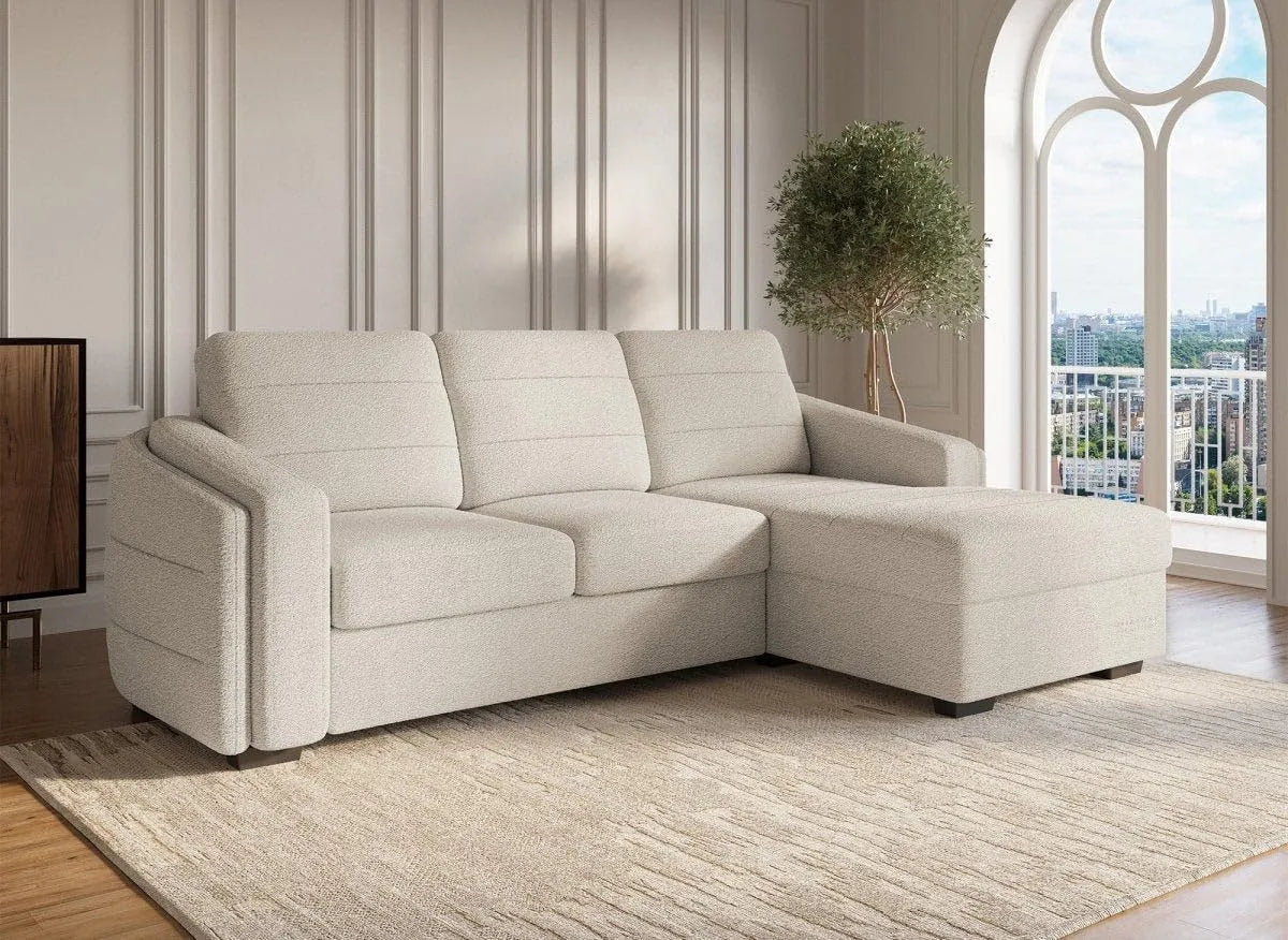 Canapé d'angle et canapé panoramique — angle droit, revêtement en tissu, convertible, revêtement bouclé, beige