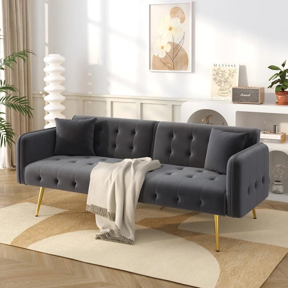 Canapé convertible et canapé-lit – revêtement en tissu, avec accoudoirs, avec dossier, réglable, 2 Places, gris, revêtement en velours