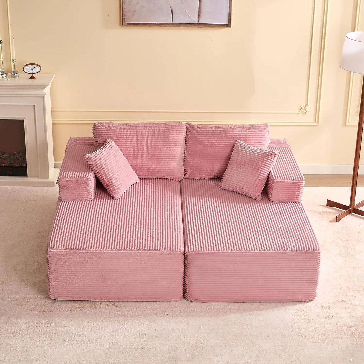 Canapé d'angle et canapé panoramique: angle droit, rose, avec fonction couchage