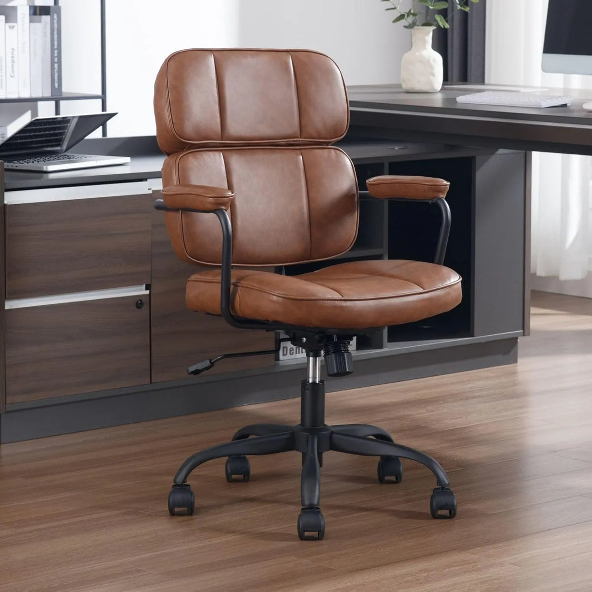 Bureau et table informatique: en cuir PU, pivotant, avec dossier, marron, hauteur réglable