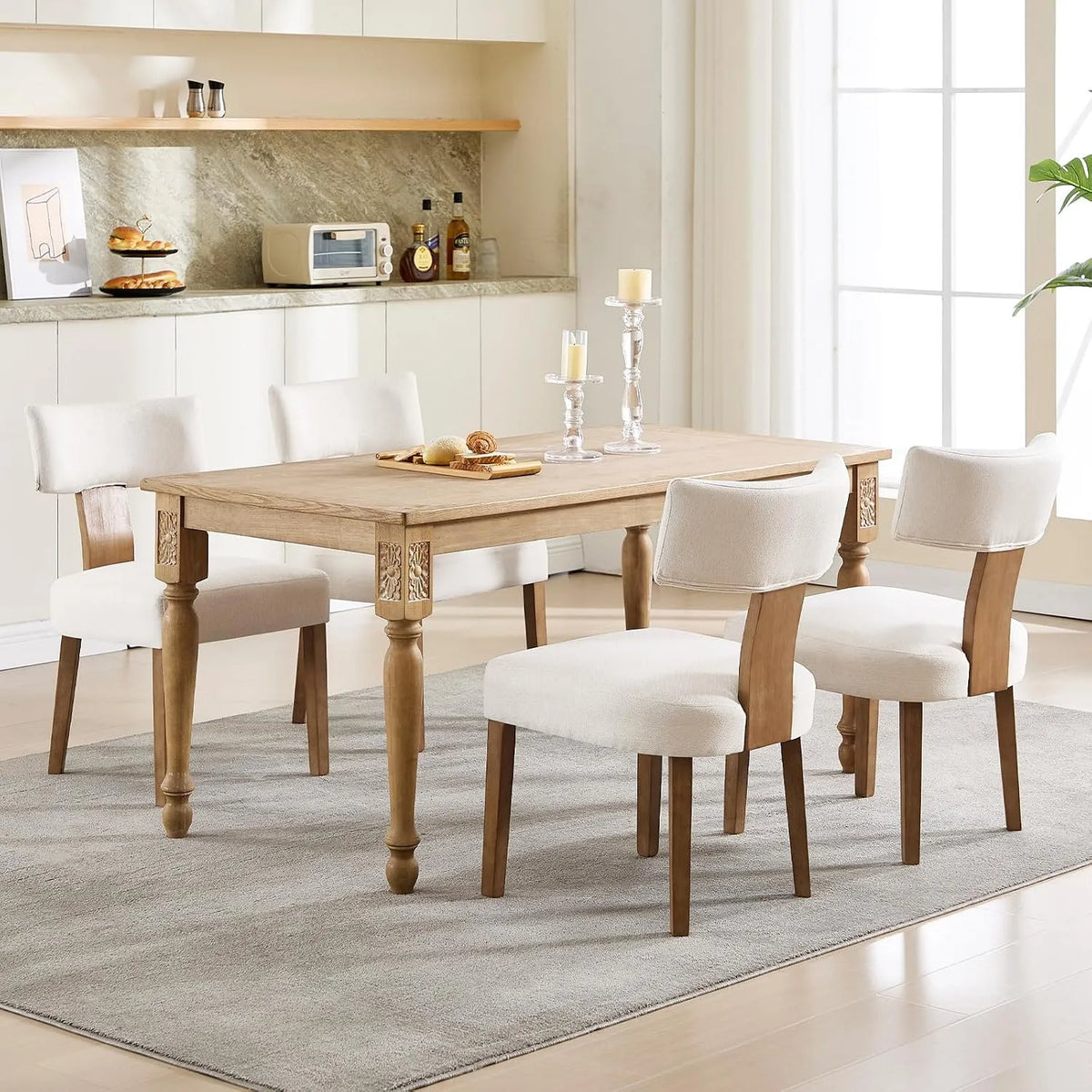 Chaise: en bois, avec accoudoirs, avec dossier, Lot de 4, beige, en bois massif