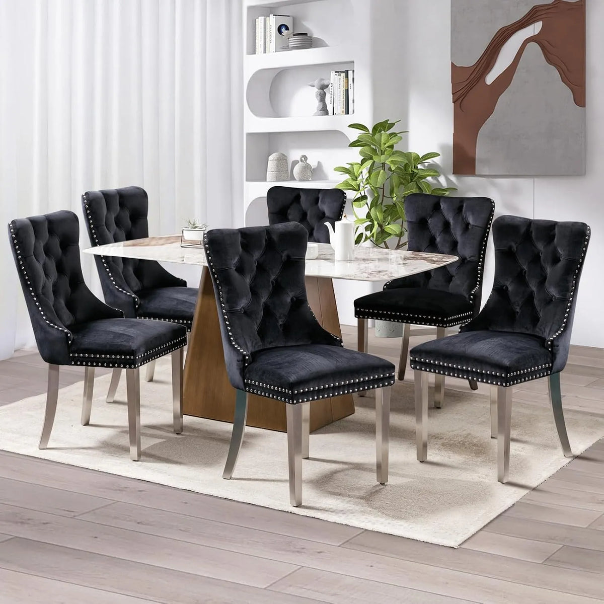 Chaise: en métal, avec dossier, Ensemble de 6, noir, revêtement en velours
