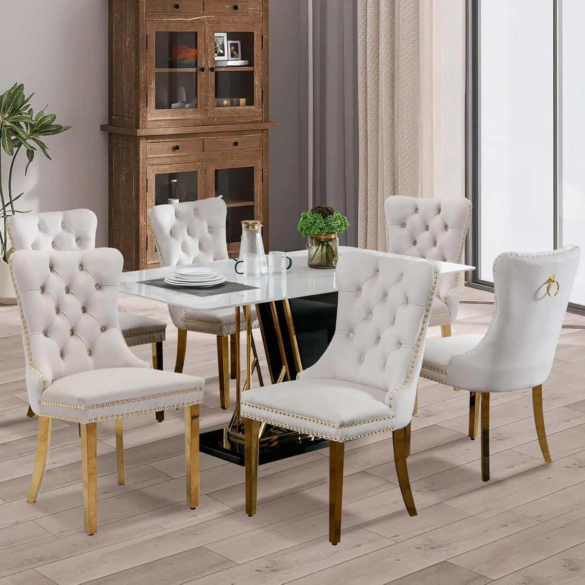 Chaise — en métal, avec dossier, Ensemble de 6, beige, revêtement en velours