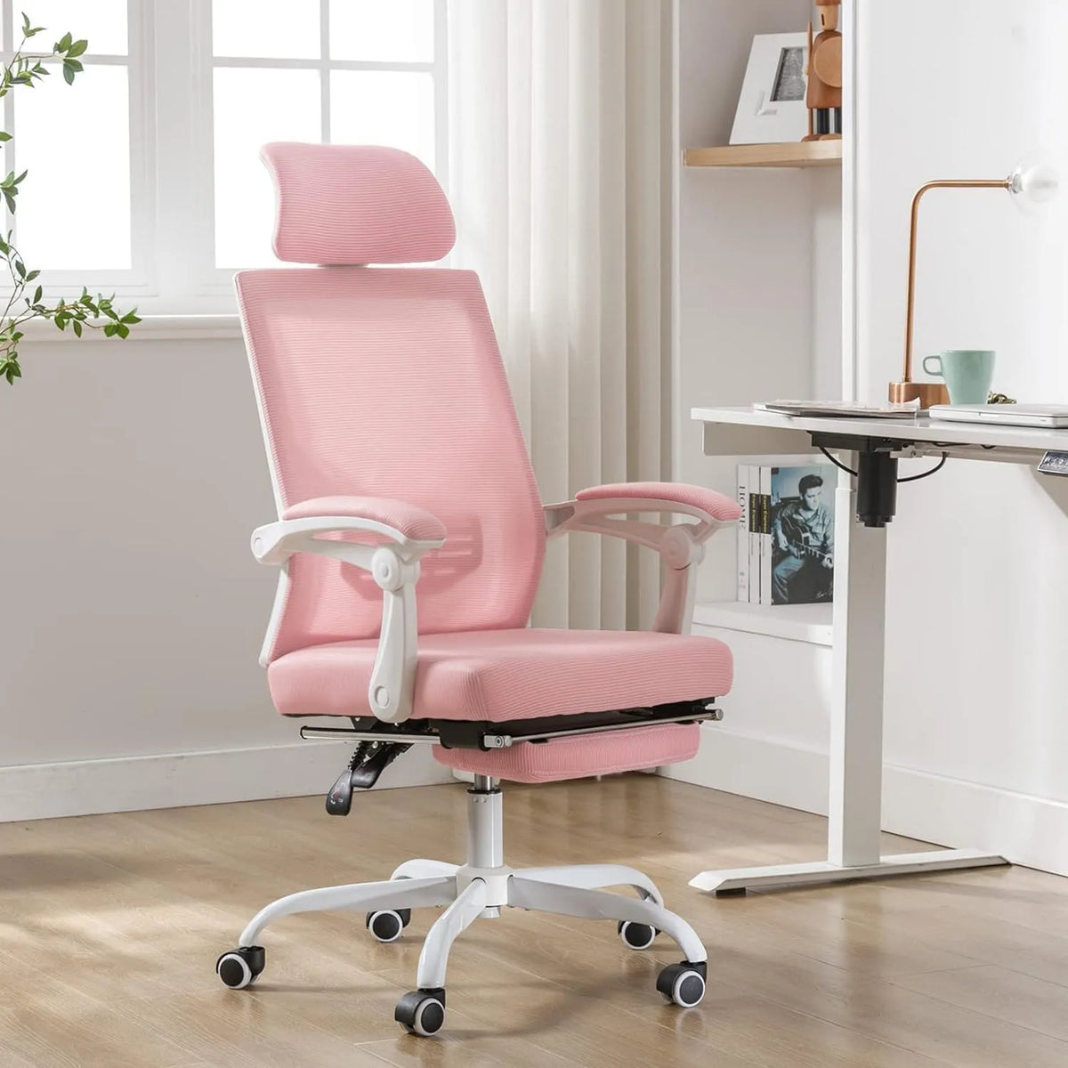 Bureau et table informatique — respirant, avec accoudoirs, réglable, avec roulettes, 136kg, rose