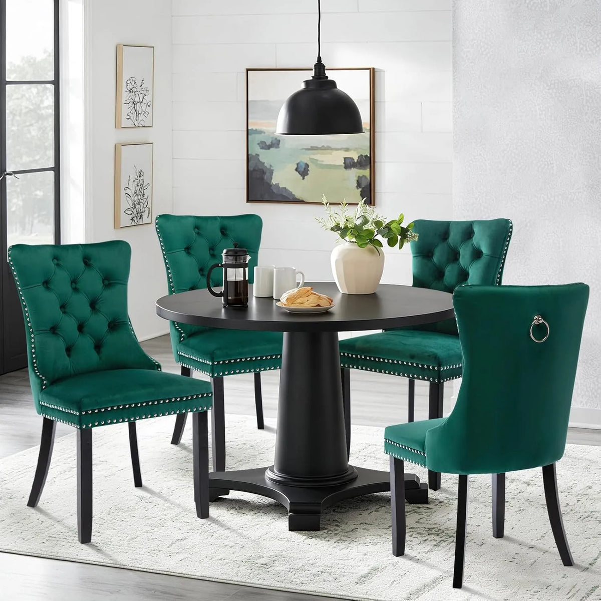 Chaise — en bois, avec dossier, Ensemble de 4, vert, revêtement en velours