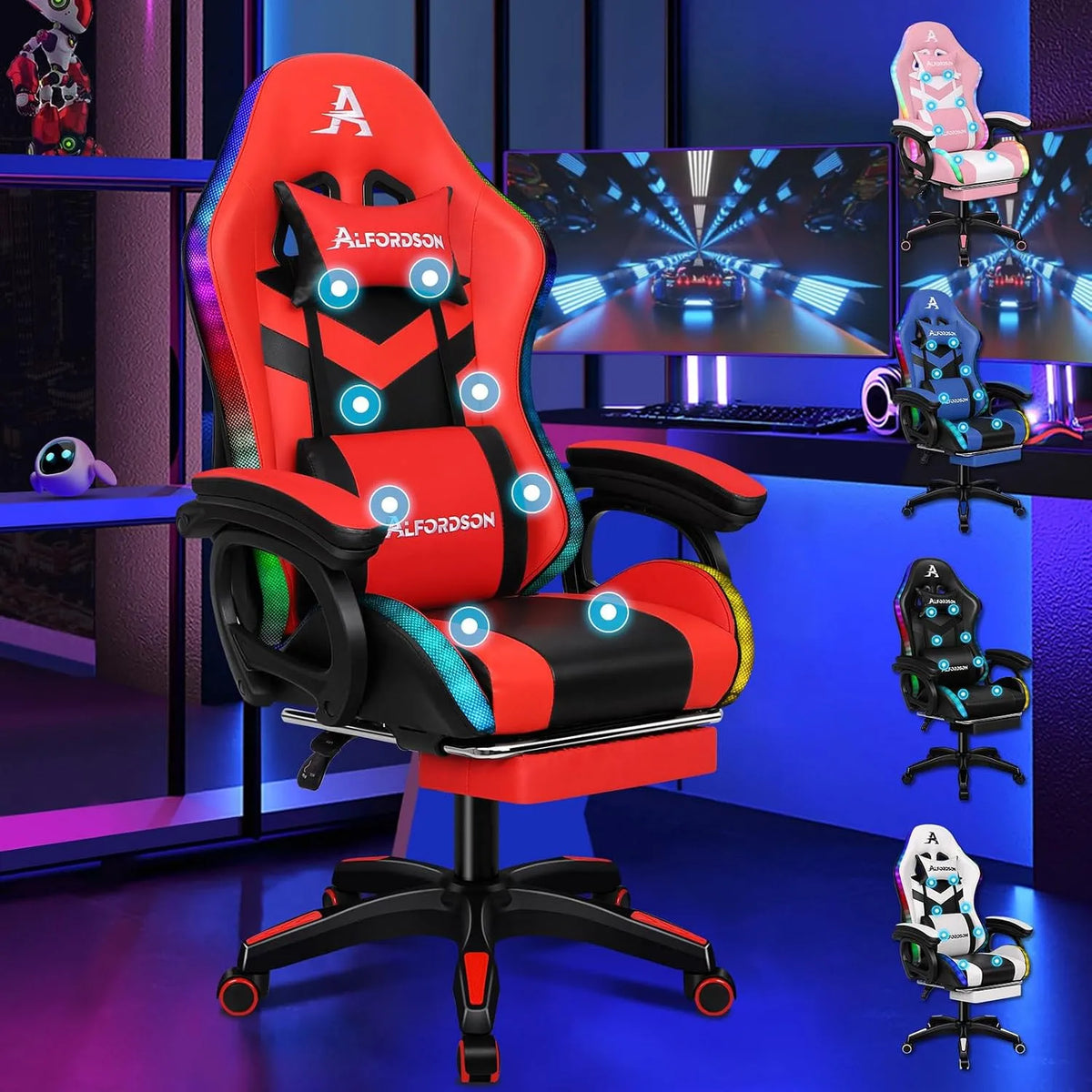 Chaise – RVB, pour gaming, réglable, affichage LED, rouge, avec fonction massage