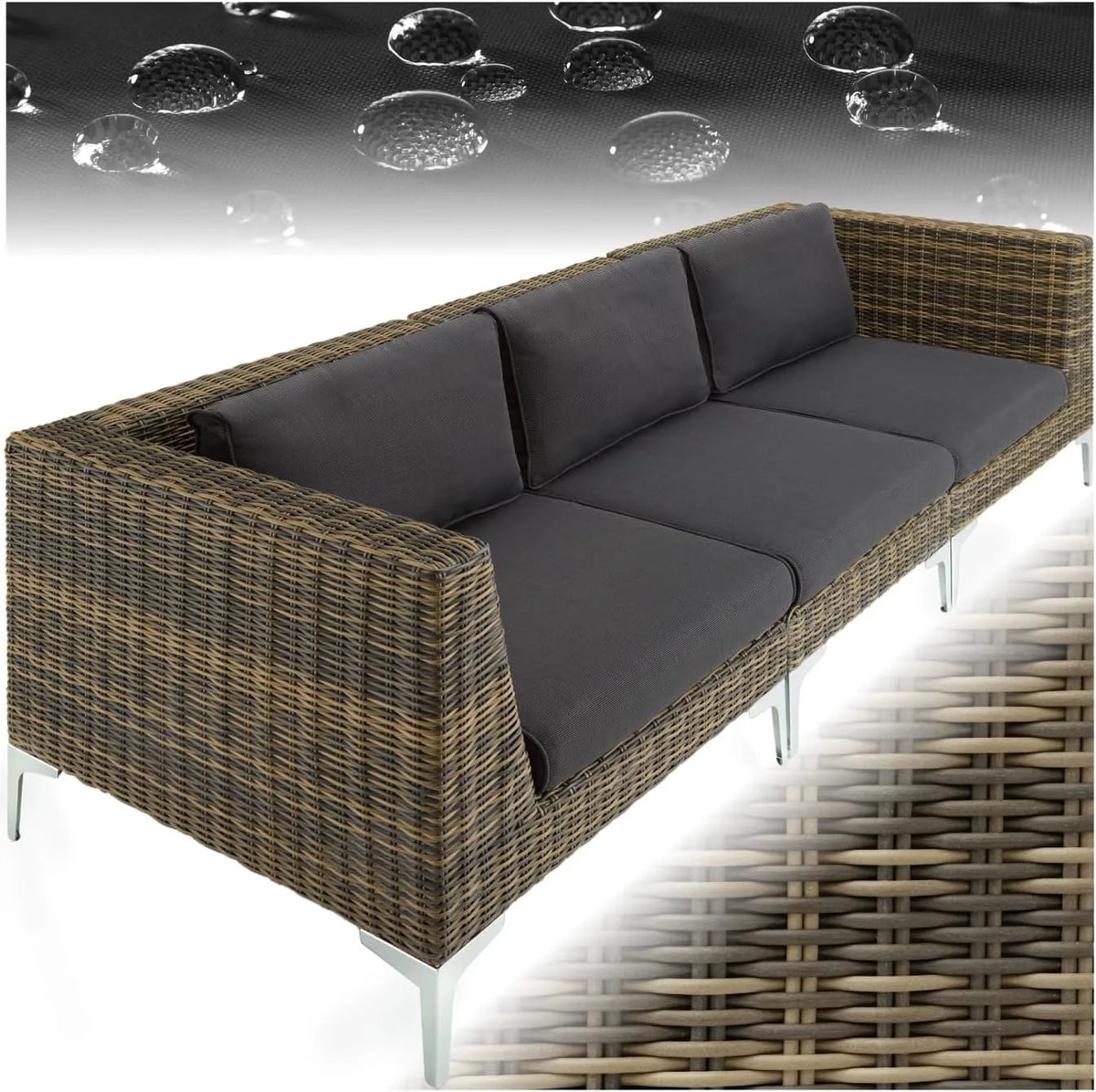 tectake Canapé de jardin et sofa lounge extérieur – avec coussins, en aluminium, 3 Places