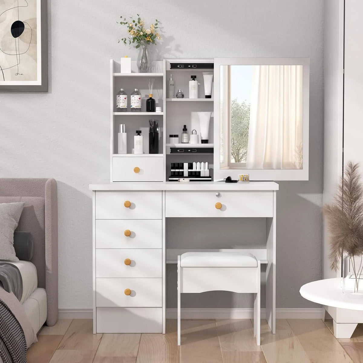 Bureau – pour enfant, avec rangement, avec tiroirs, avec Bibliothèque et étagère de rangements, 6 Tiroirs, blanc, avec étagères