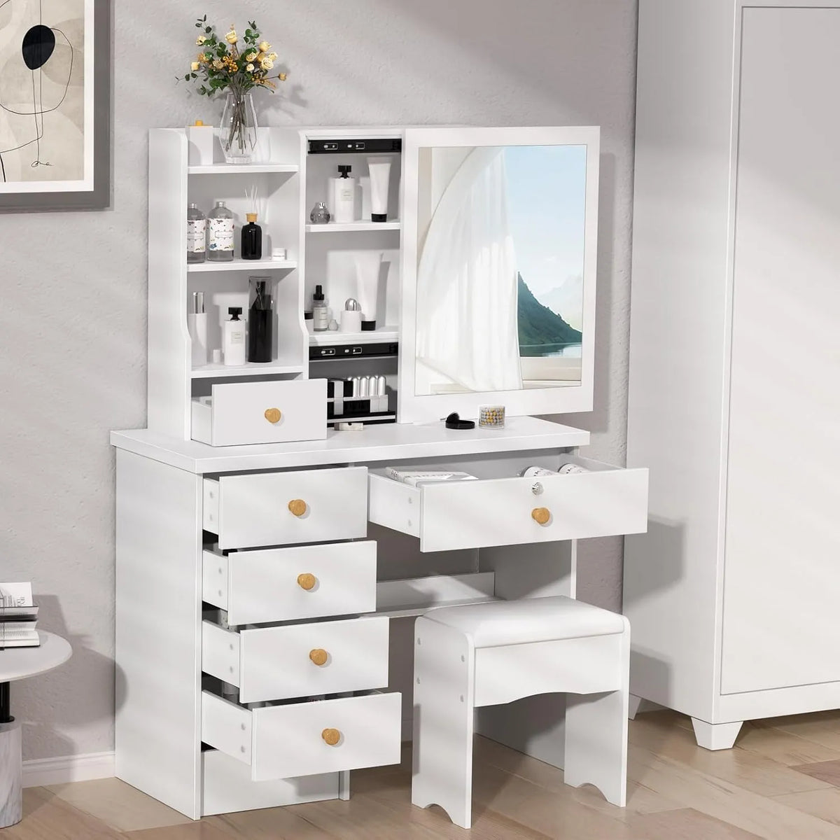 Coiffeuse et table de maquillage Moderne Table de Maquillage avec Miroir: avec tiroirs, avec étagères, 6 Étagères, 6 Tiroirs