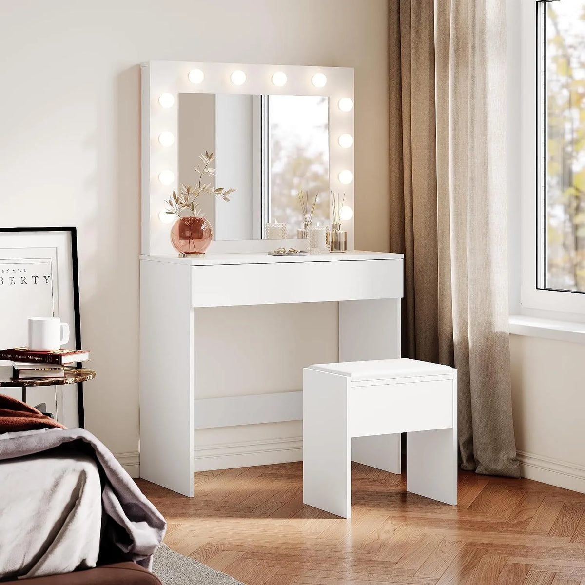 Coiffeuse et table de maquillage avec Miroir et Éclairage LED — avec tiroirs, réglable, affichage LED, blanc