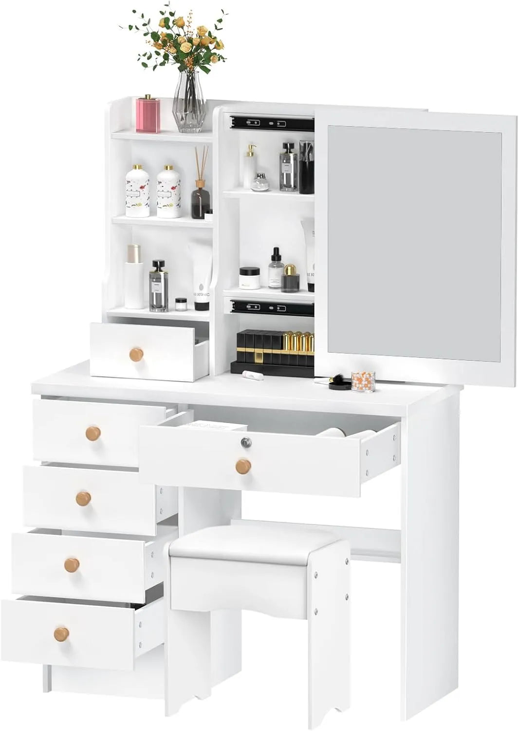 Coiffeuse et table de maquillage avec miroir et tabouret – avec rangement, avec tiroirs, avec étagères, affichage LED, 6 tiroirs, 80 × 37 × 122 cm