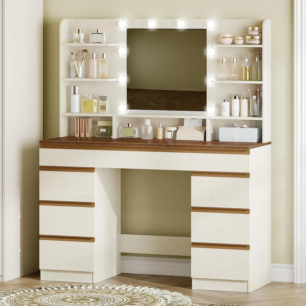 Hzuaneri Grande Coiffeuse et table de maquillage avec Éclairage LED — DT35714X, avec tiroirs, avec étagères, réglable, affichage LED, 9 Étagères