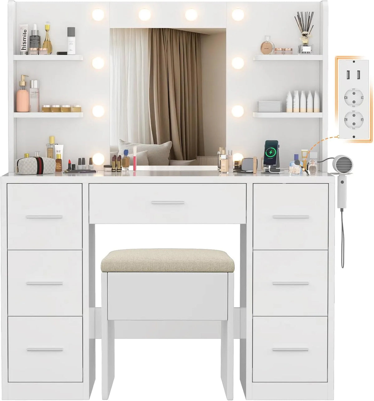 Devoko Grande Coiffeuse et table de maquillage avec Miroir et Tabouret: avec rangement, avec tiroirs, avec étagères, réglable, 4 Étagères, 7 Tiroirs