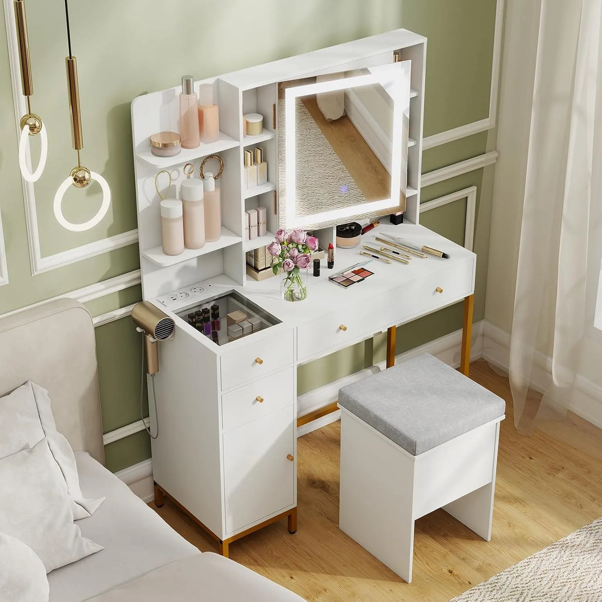 COSTWAY Armoire de rangement — avec rangement, avec tiroirs, avec Bibliothèque et étagère de rangements, affichage LED, blanc, avec étagères