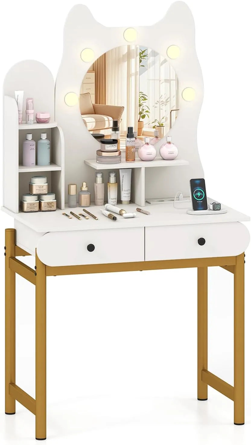 Coiffeuse et table de maquillage en Forme Chat avec 5 Ampoules LED de 3: avec tiroirs, avec étagères, affichage LED, 3 Étagères, 2 Tiroirs, blanc