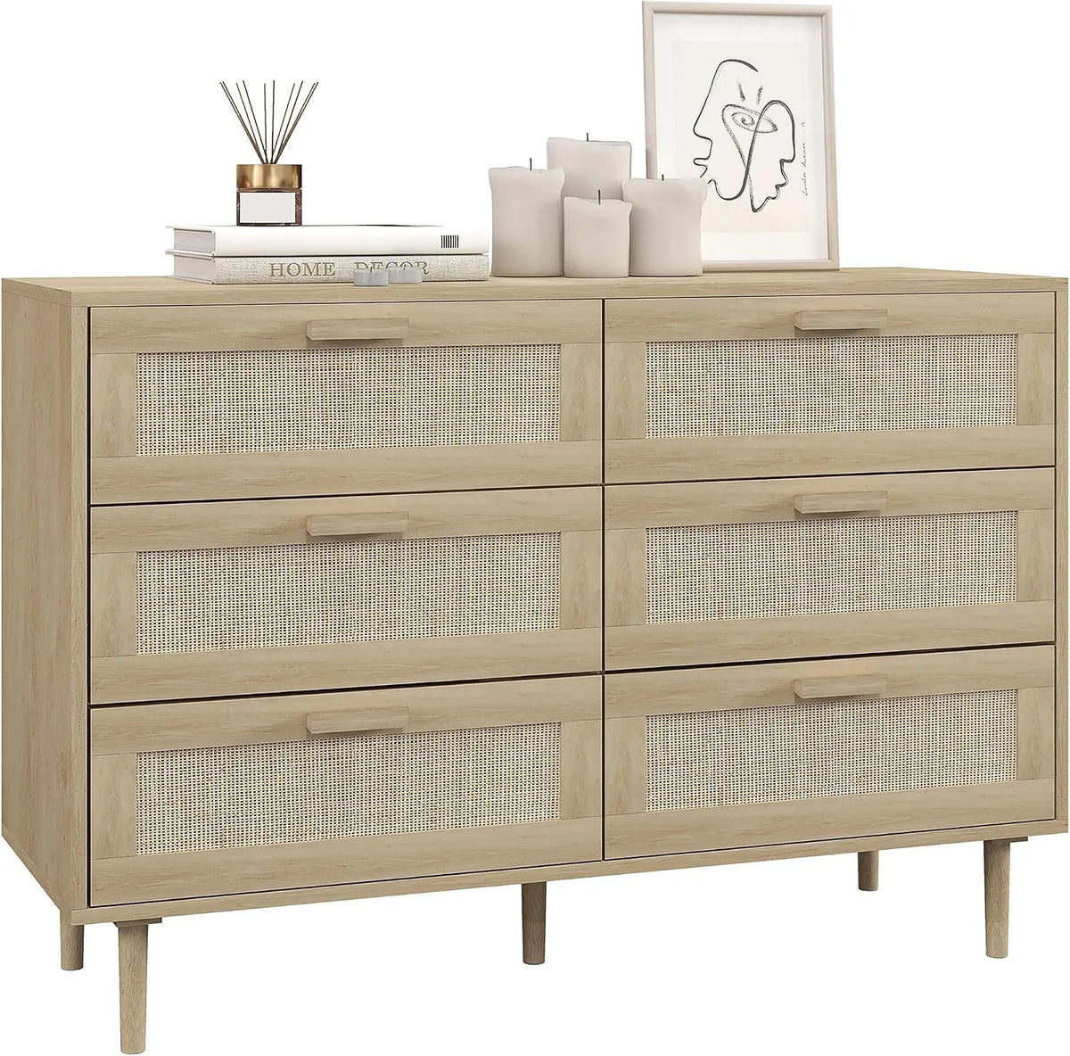 HOMCOM Commode et meuble à tiroirs 6 tiroirs Meuble de Rangement avec Tissage en rotin — en bois, avec rangement, avec tiroirs, 110L, 40l