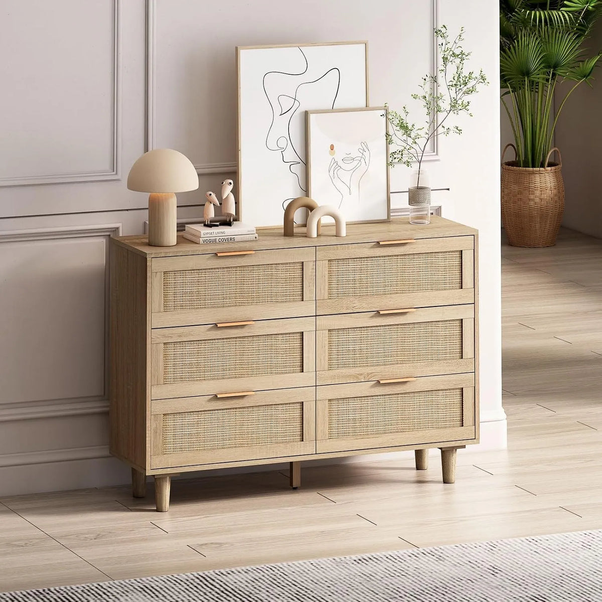 Commode et meuble à tiroirs à 6 tiroirs en rotin de 110 cm – pour enfant, en bois, avec rangement, avec tiroirs, noir