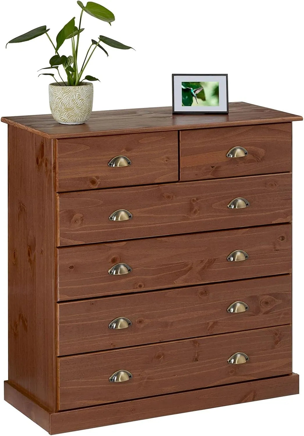Commode et meuble à tiroirs Chambre Paris L 91 cm en Bois Massif Brun — en métal, avec poignée, avec rangement, 6 tiroirs, marron