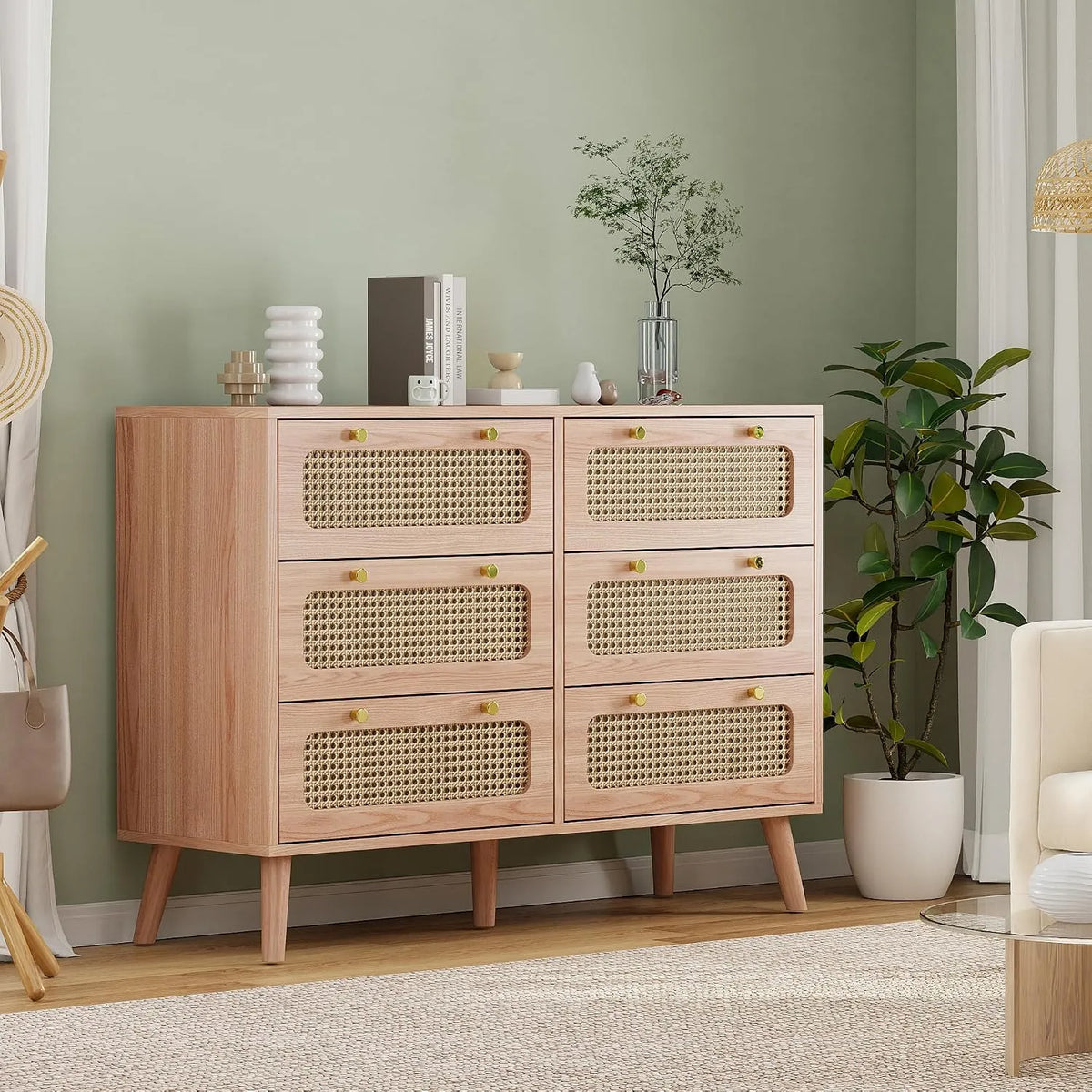 Bureau et table informatique – en bois, avec rangement, avec tiroirs, 6 Tiroirs, 100 × 34 × 73 cm, en résine tressée