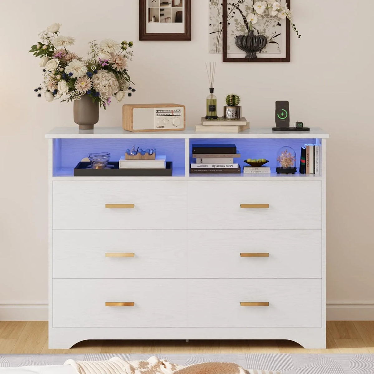 Armoire de rangement: en bois, avec rangement, avec tiroirs, affichage LED, 6 tiroirs, 40 × 120 × 94, 7 cm, blanc