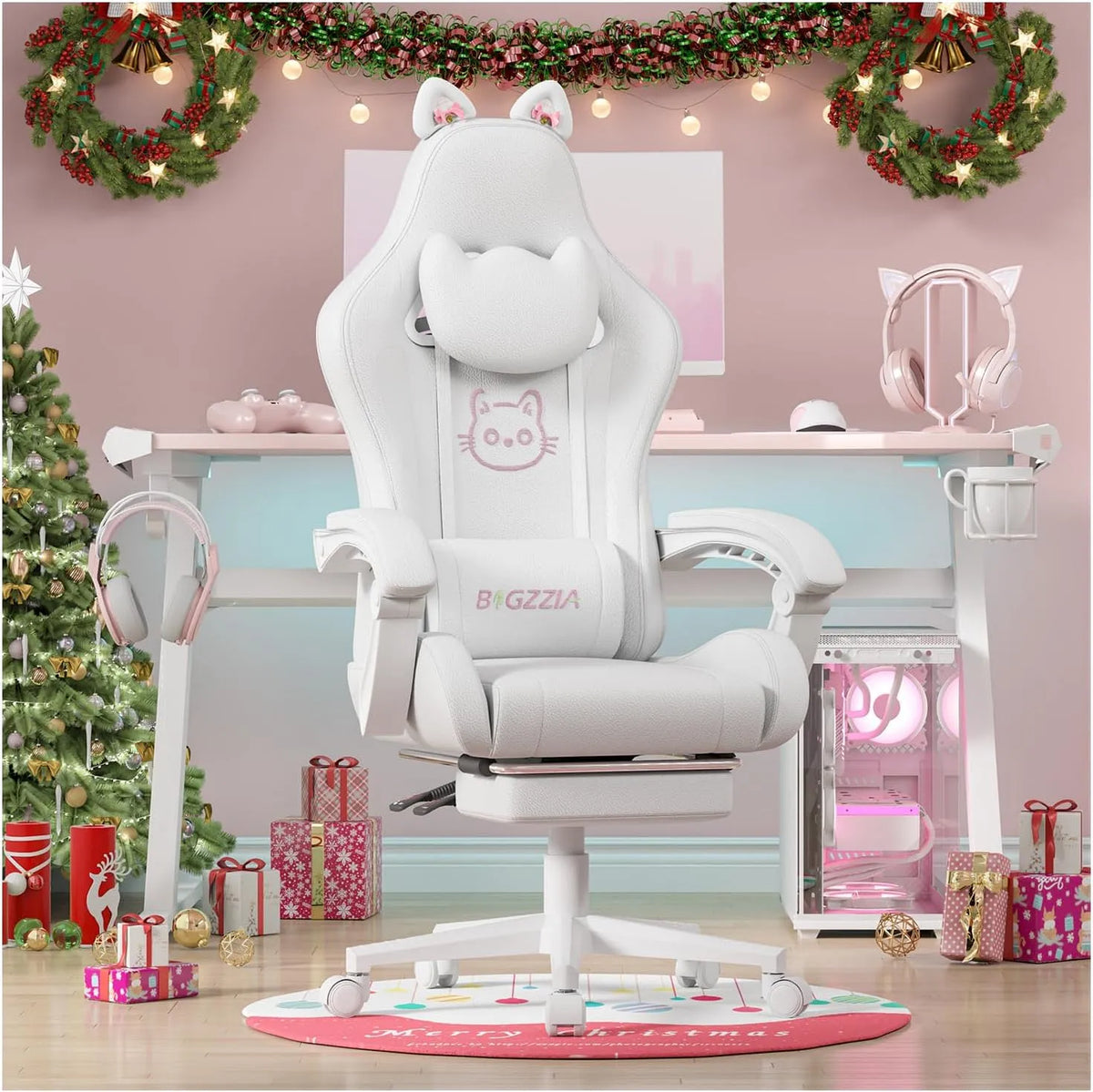 Chaise — pour enfant, pour gaming, réglable, blanc, hauteur réglable, avec fonction massage