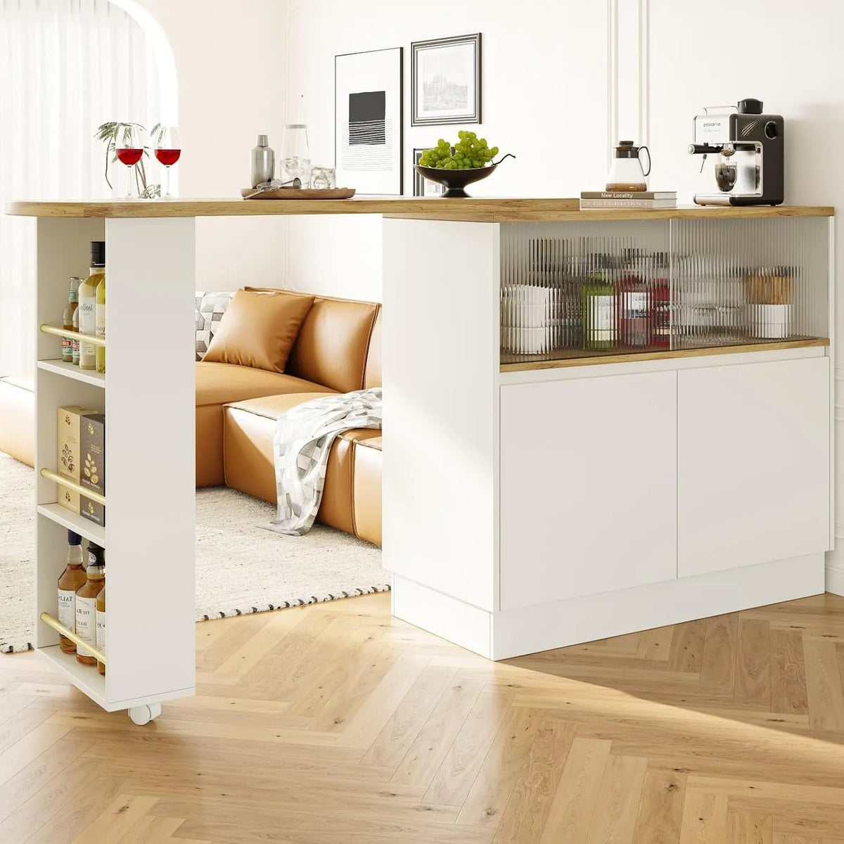 Table de Bar Extensible avec Espace de Rangement – en verre, avec rangement, avec Bibliothèque et étagère de rangements, pivotant, 2 Portes, blanc