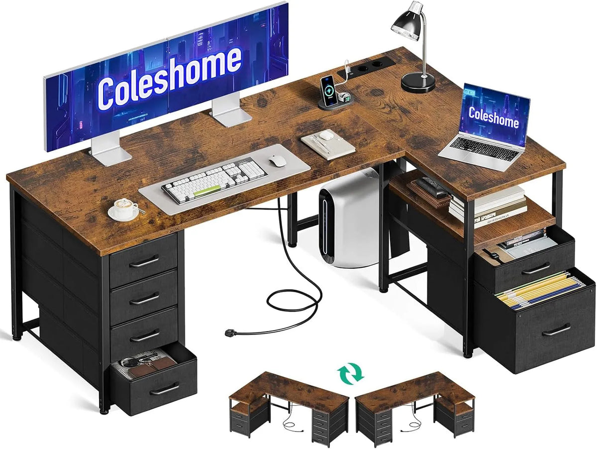 Bureau et table informatique – réversible, revêtement en tissu, avec tiroirs, avec port USB, 140 × 80cm, marron