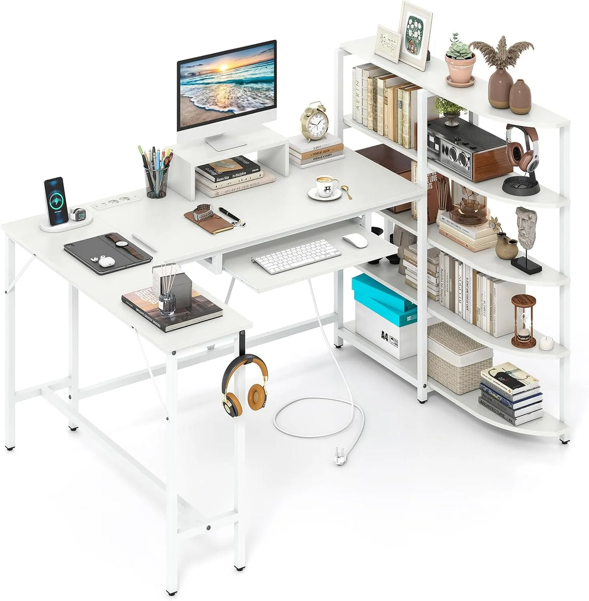 COSTWAY Bureau — avec tiroirs, avec Bibliothèque et étagère de rangements, 160 × 108 × 109 cm, blanc, avec étagères