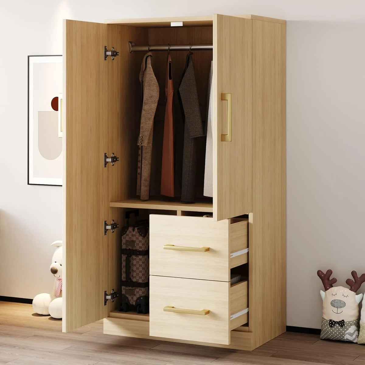 Armoire de rangement — avec rangement, avec tiroirs, avec Bibliothèque et étagère de rangements, 2 Portes, 2 Tiroirs, 70 × 40 × 135cm