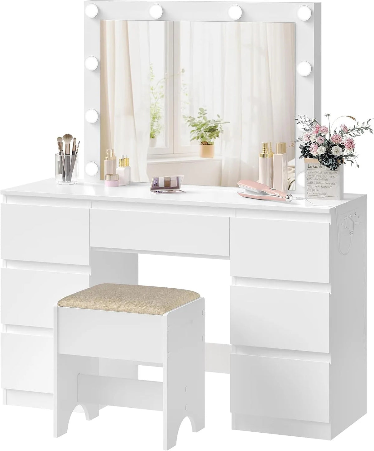 Coiffeuse et table de maquillage avec Miroir LED – avec tiroirs, réglable, affichage LED, 7 Tiroirs, 110 × 39, 5 × 140, 5 cm, blanc