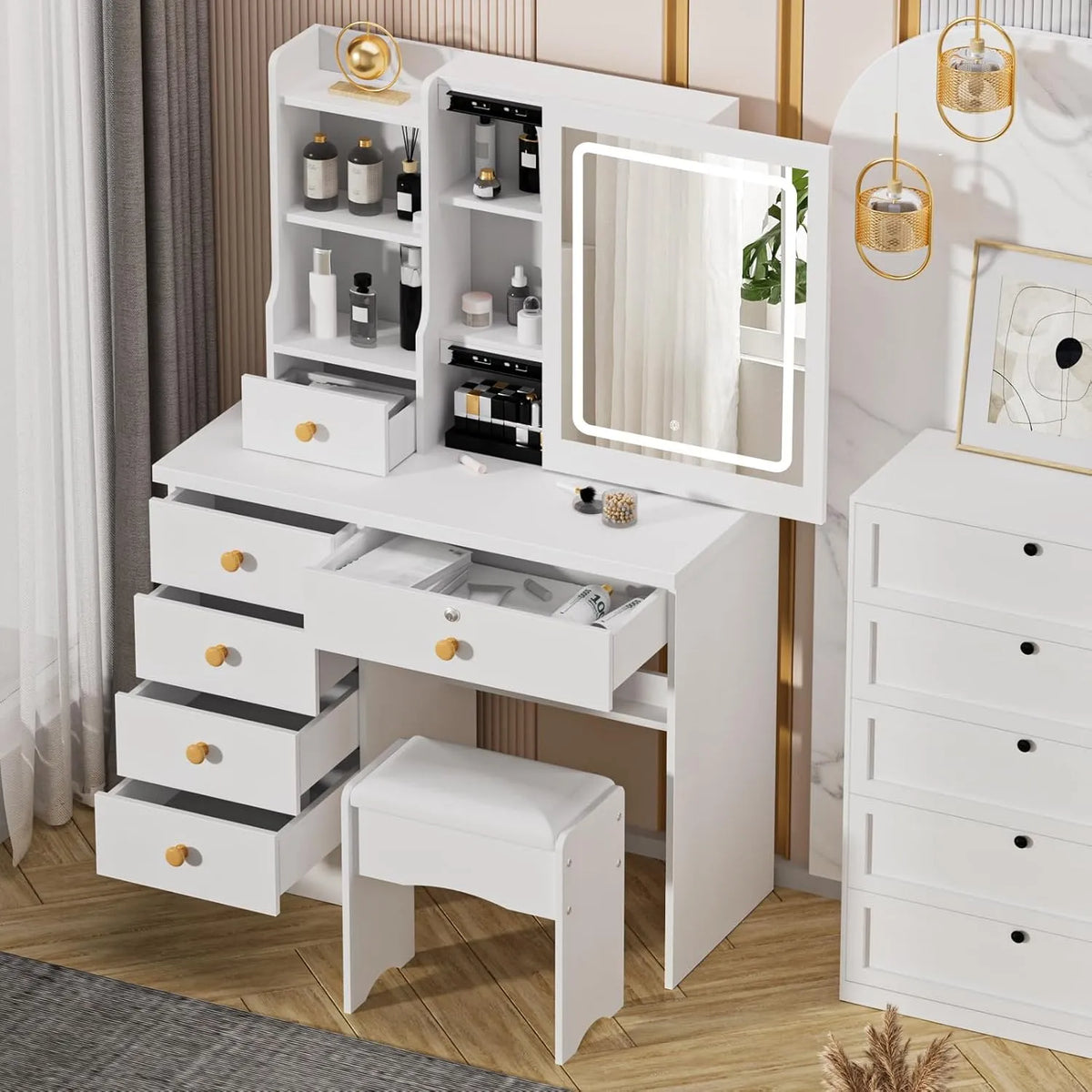 Coiffeuse et table de maquillage avec Miroir Lumineux Coulissant – avec rangement, avec tiroirs, affichage LED, 6 Tiroirs, 80 × 36 × 132cm, blanc