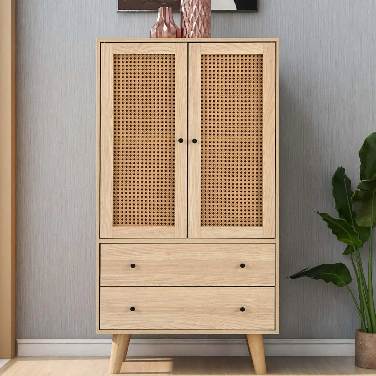Armoire de rangement – en bois, avec rangement, avec tiroirs, 2 portes, 2 tiroirs, en résine tressée