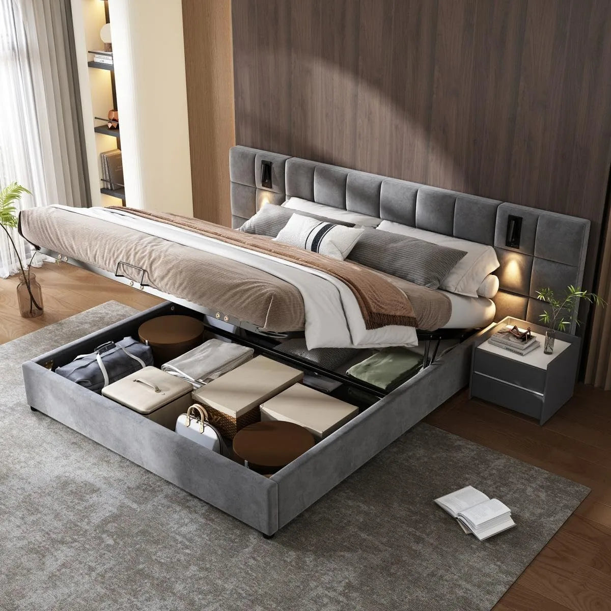 Sweiko Cadres de lit 140 * 200cm — avec rangement, avec port USB, 140 × 200cm, revêtement en velours